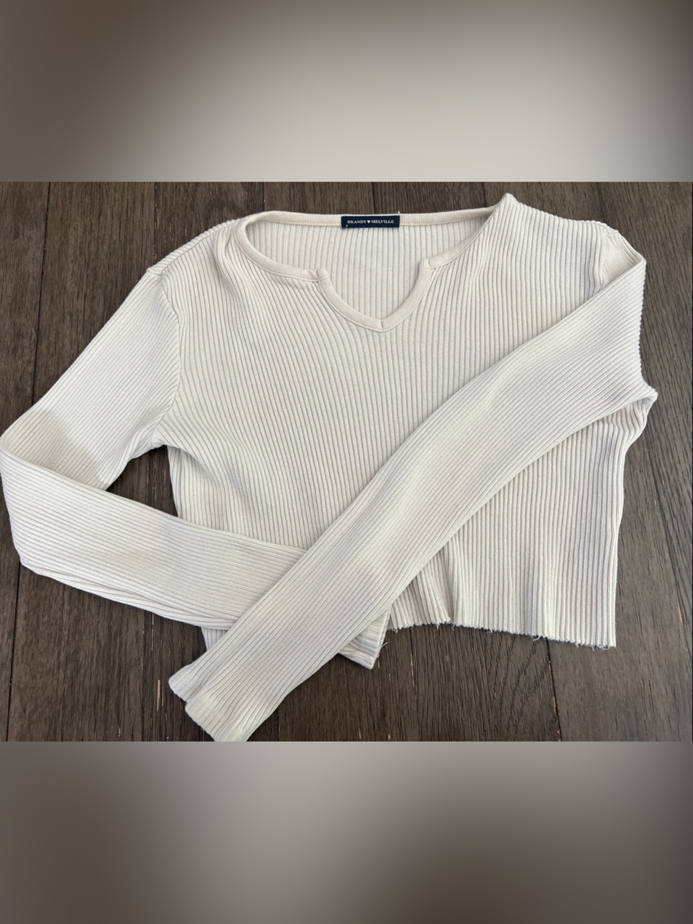 Brandy Melville Ribbed Long-Sleeve Crewneck Top in Cream